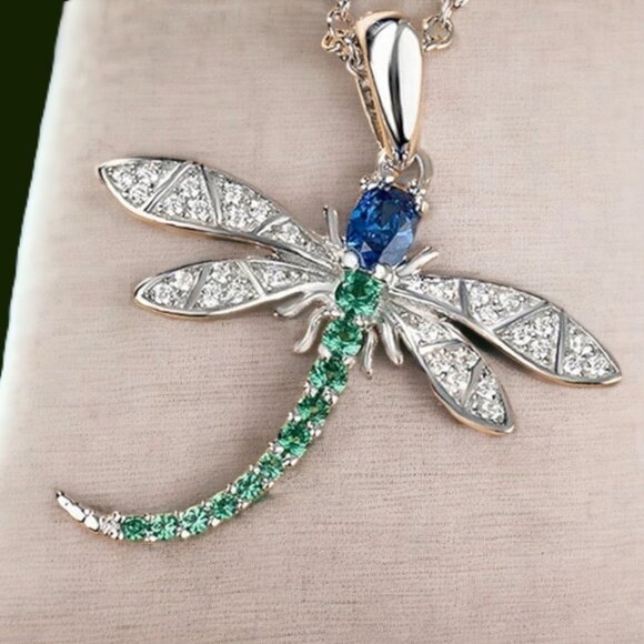 Dragonfly Insect Blue Green and CZ Silver Fashion Pendant Necklace NWOT - Picture 7 of 13